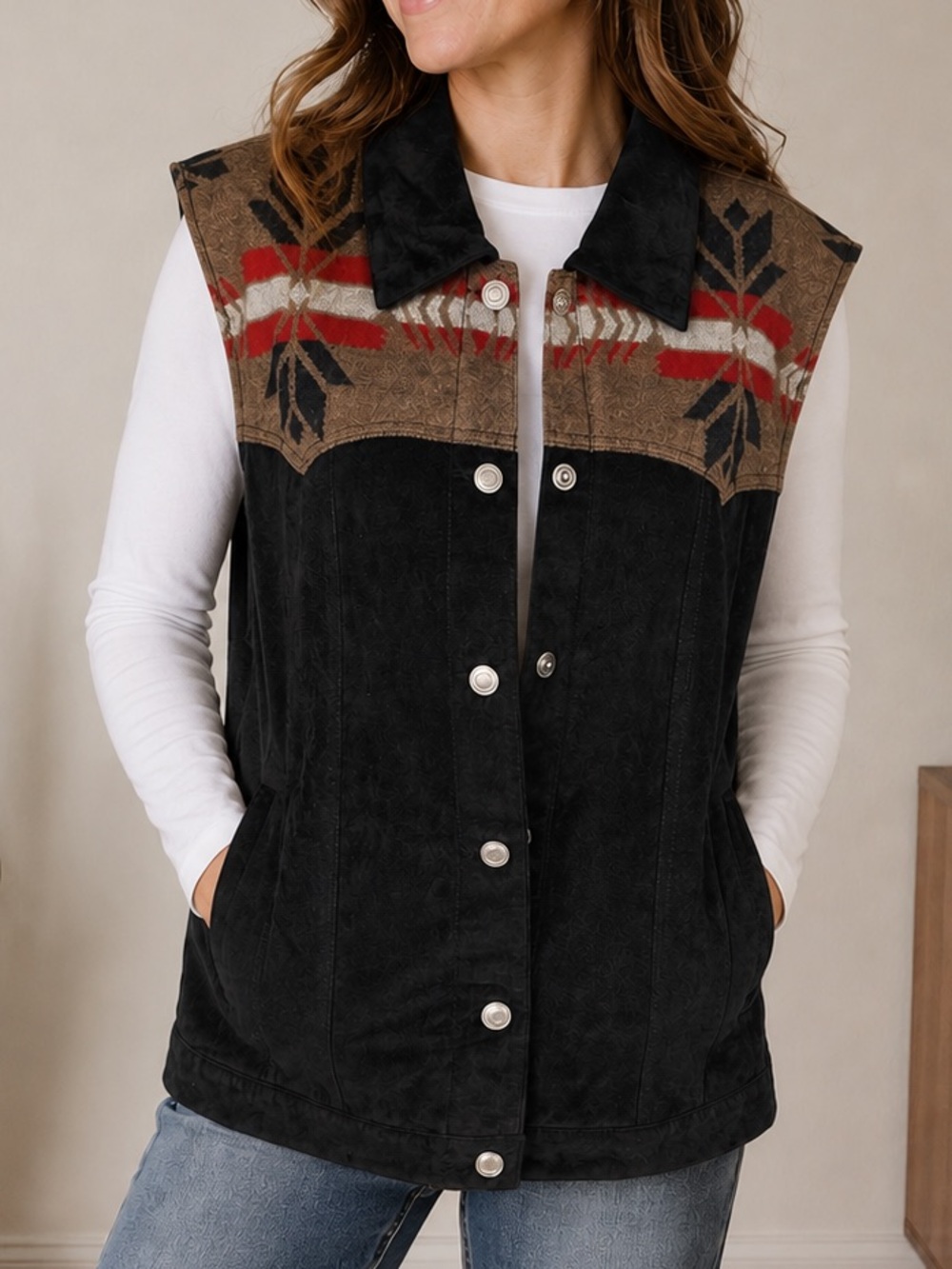 Pendleton Black Suede Leather and Wool Southwestern Tribal Vest Plus Size 2X